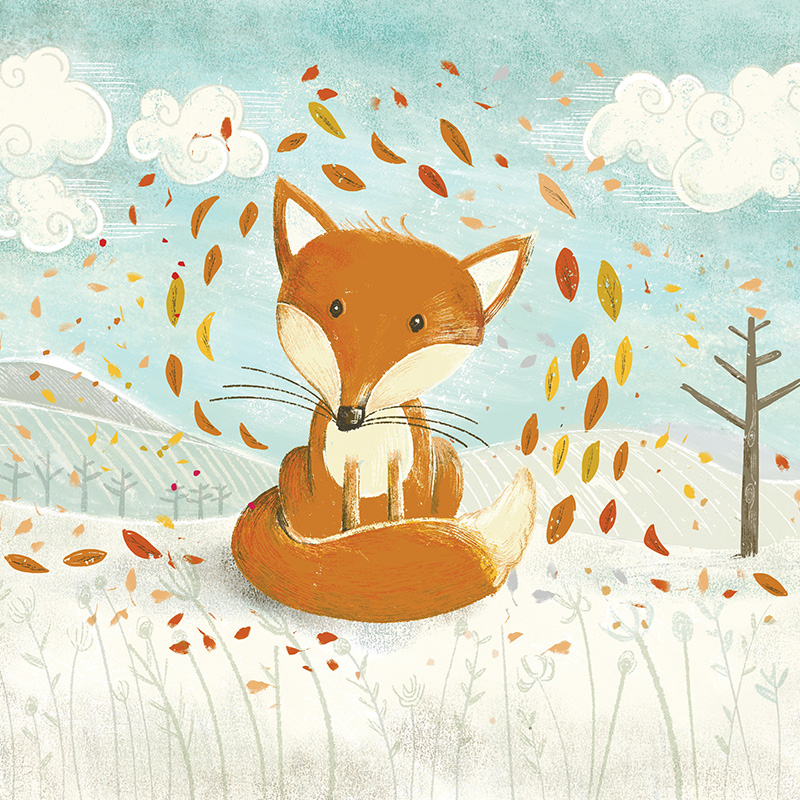 Fox illustration in winter landscape by UK wildlife artist Sarah Medway