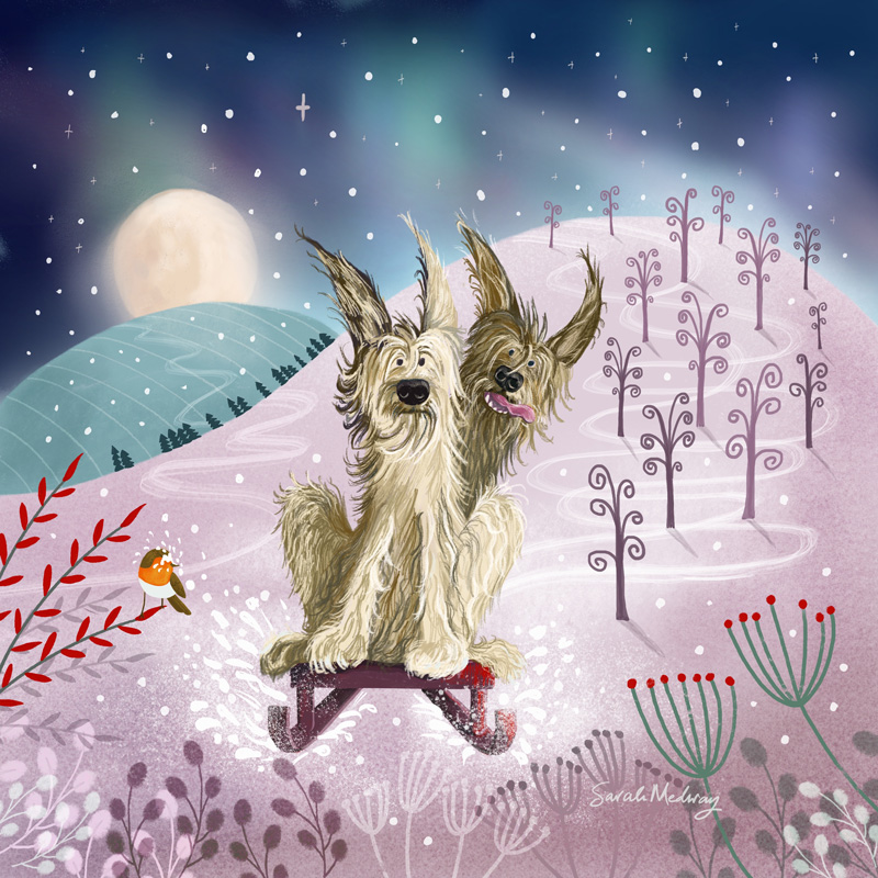 Dogs in winter forest illustration by UK wildlife artist Sarah Medway