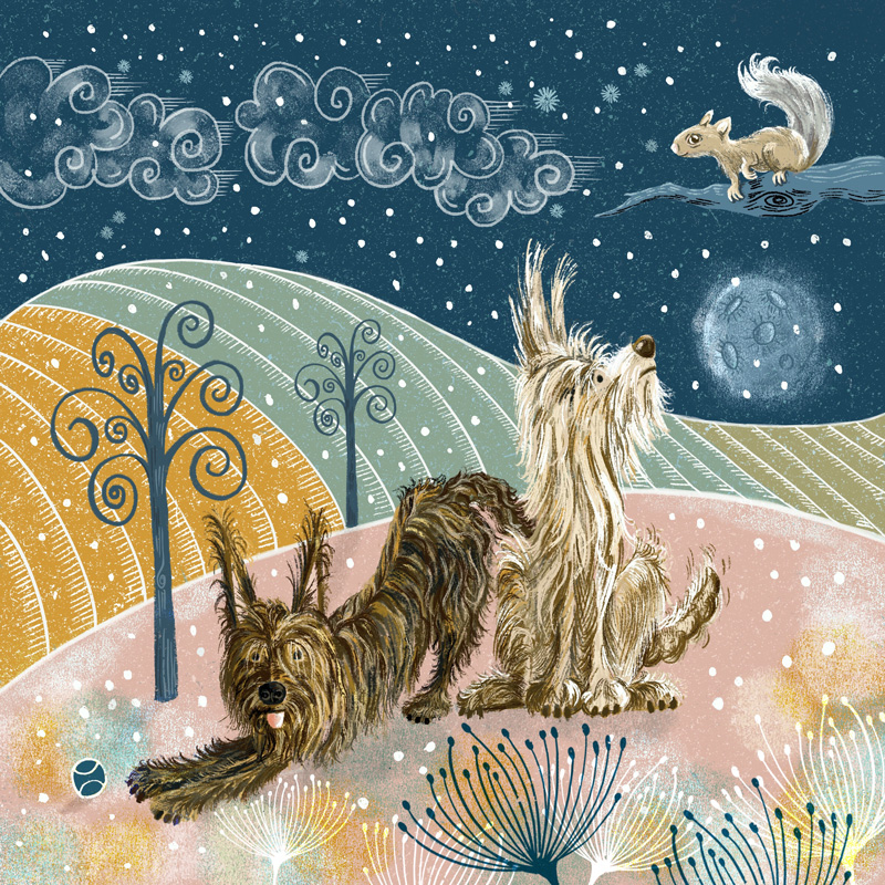 Berger Picard dogs in snowy woodland illustration by Sarah Medway